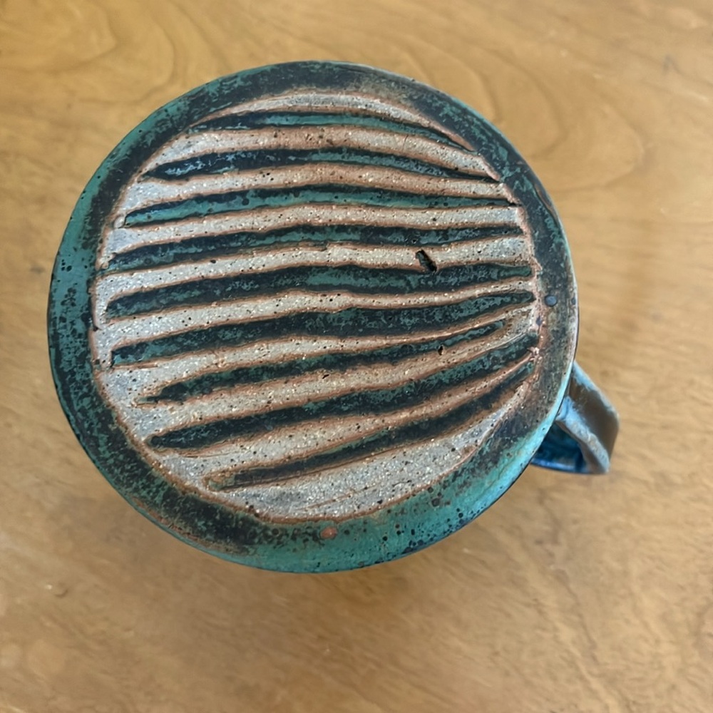 Studio Pottery Hand thrown A-Line 4 Dimples Mug in Glazed Blue Brown Earth-tones - Picture 7 of 7